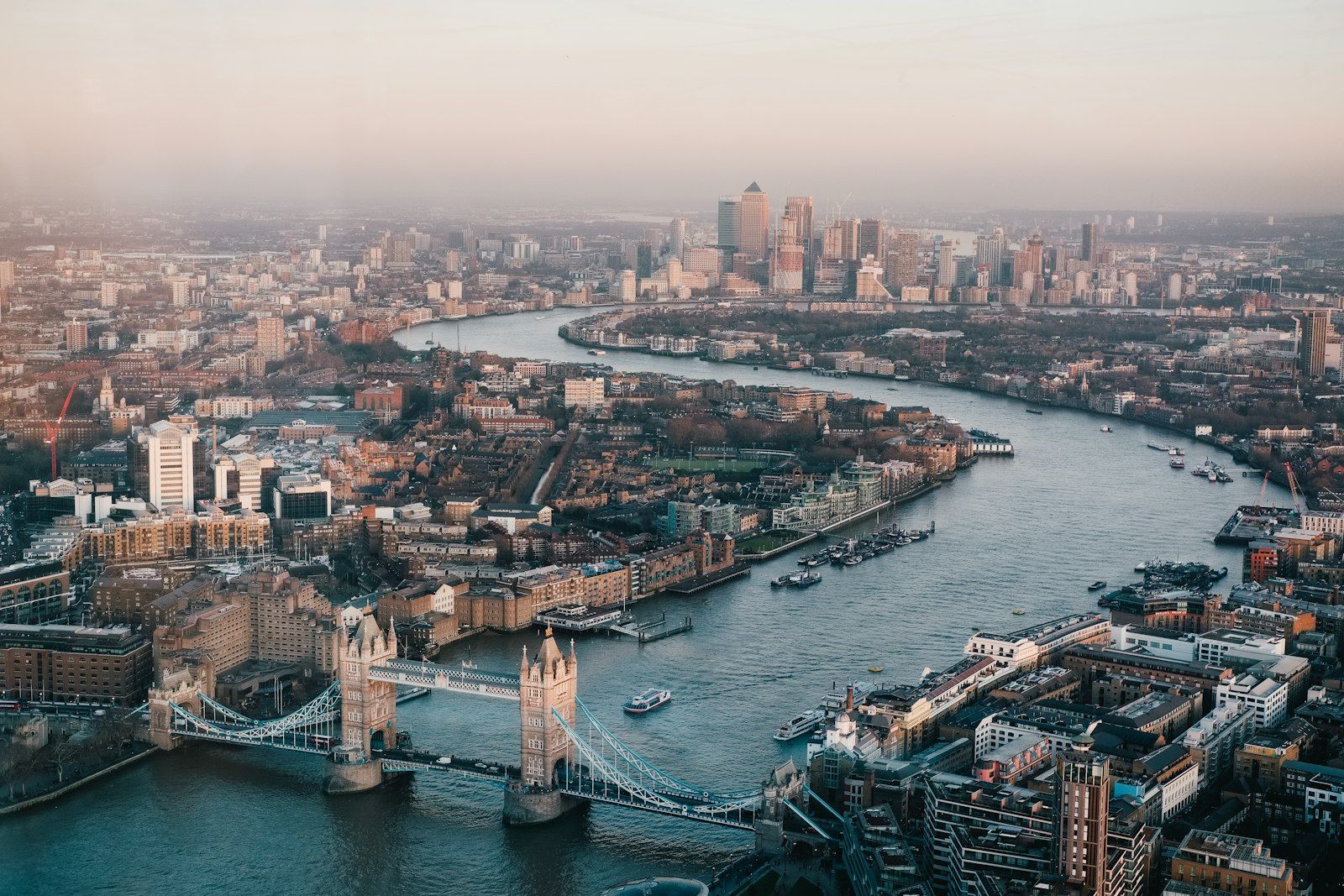 Aerial view of the Thames and central London, near the HireBench office at 18 Kingsway House